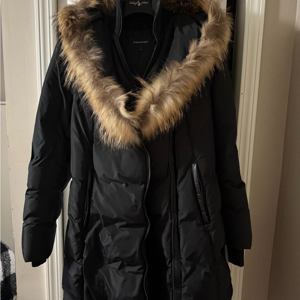 Mackage Black Puffer Coat with Faux Fur Trim